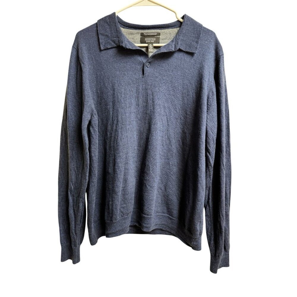 Nordstrom Mens Merino Wool Knit Polo Sweater Blue Gray XL Lightweight